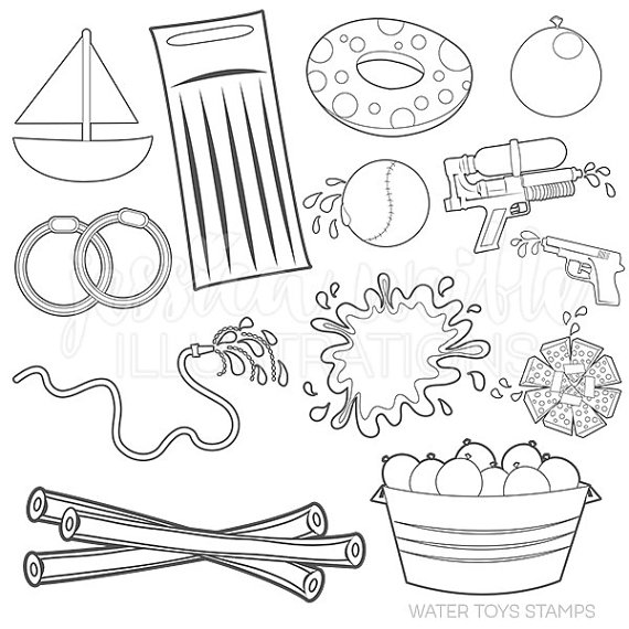 570x570 Water Toys Cute Digital Line Art Stamps, Black And White Line Art