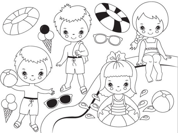 570x428 Black Amp White Pool Party Kids Clipart Digital Vector