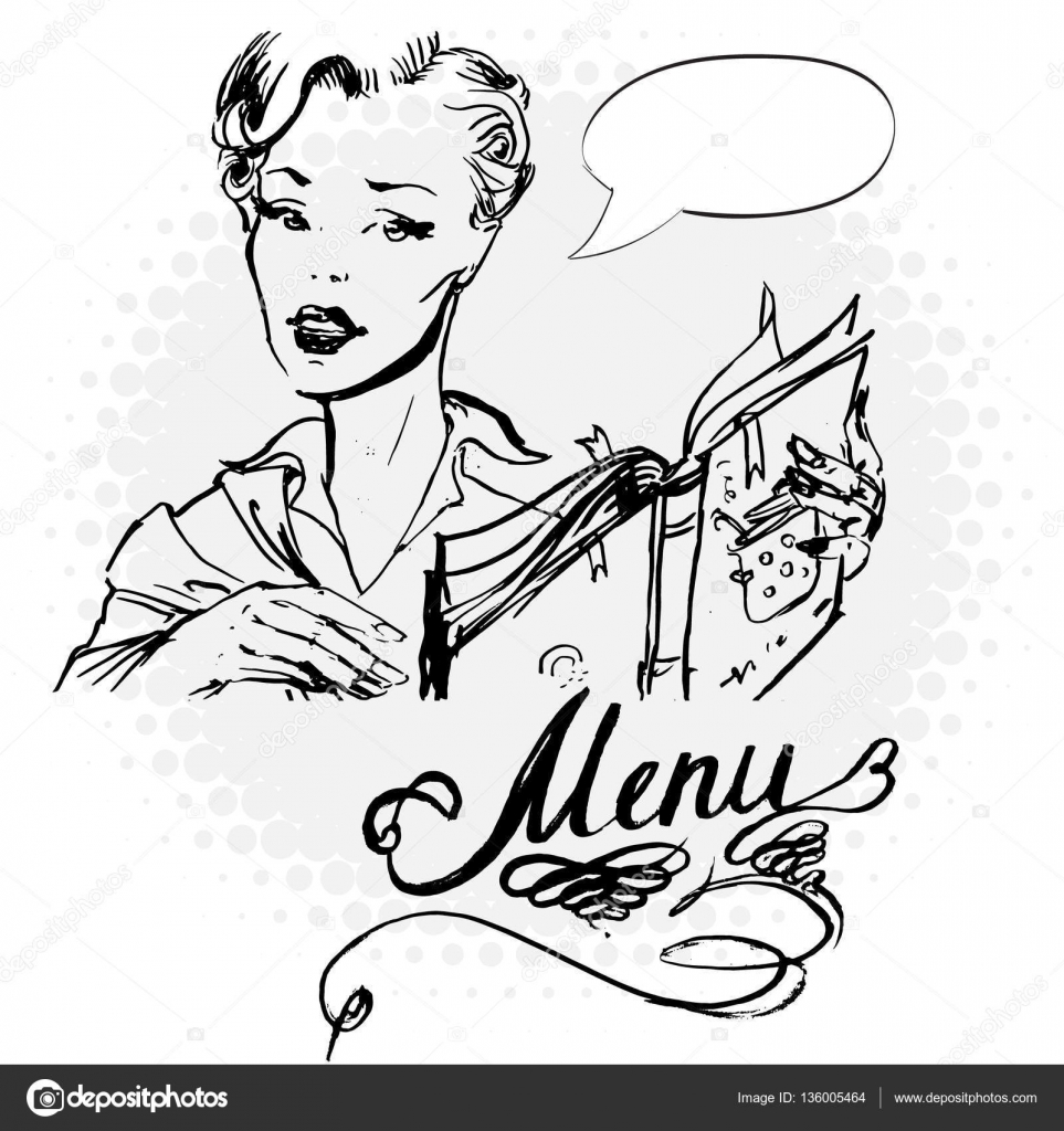 963x1024 Girl, Retro, Menu, Book, Vector, Drawing, Pop Art Stock Vector