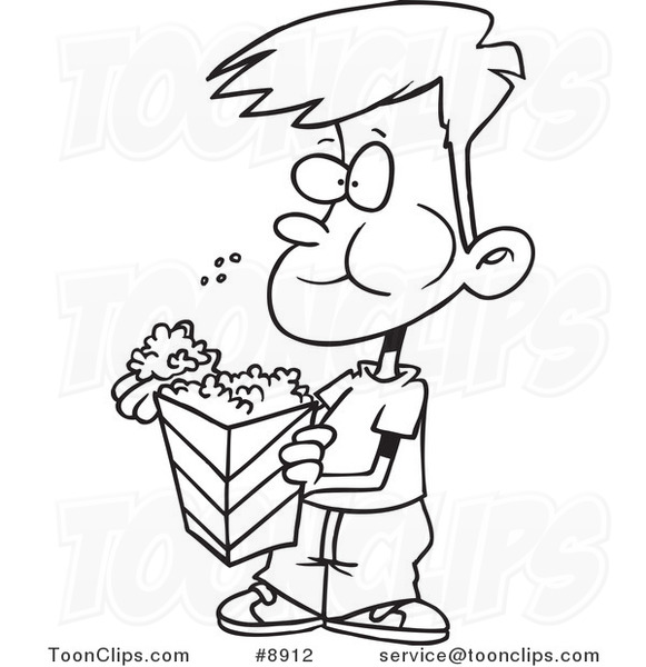 581x600 Cartoon Black And White Line Drawing Of A Boy Eating Popcorn