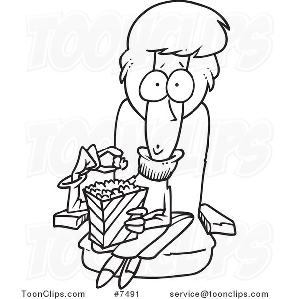 581x600 Cartoon Black White Line Drawing Of A Lady Eating Popcorn