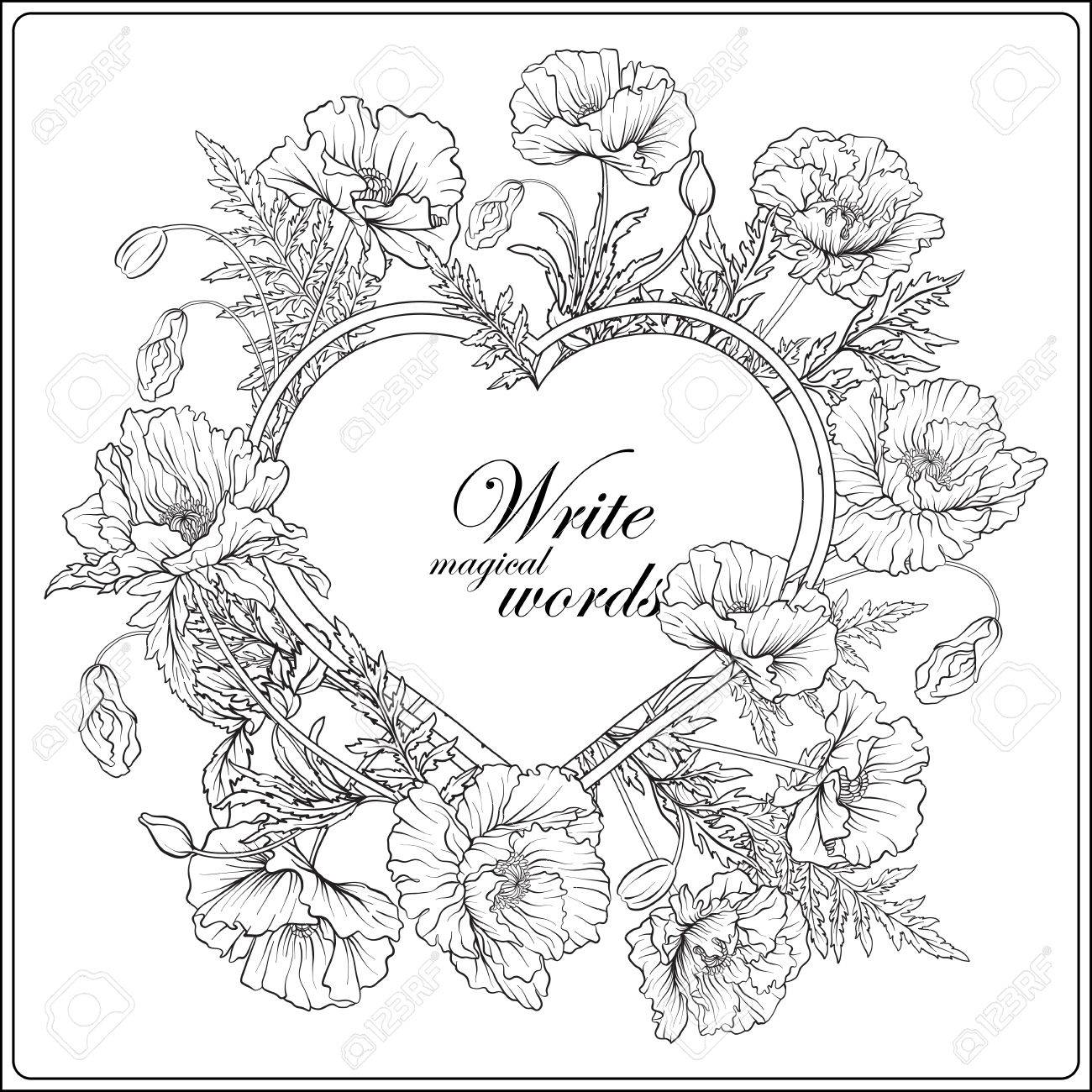 1300x1300 Card With Poppies Outline Hand Drawing Coloring Page For Adult