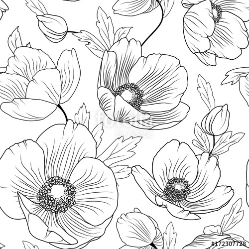 500x500 Poppy Flowers Buds Leaves. Seamless Floral Pattern Texture
