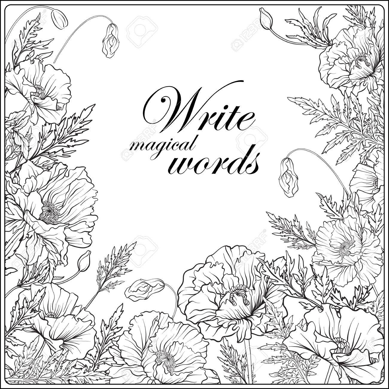 1300x1300 Card With Poppies Outline Hand Drawing Coloring Page For Adult