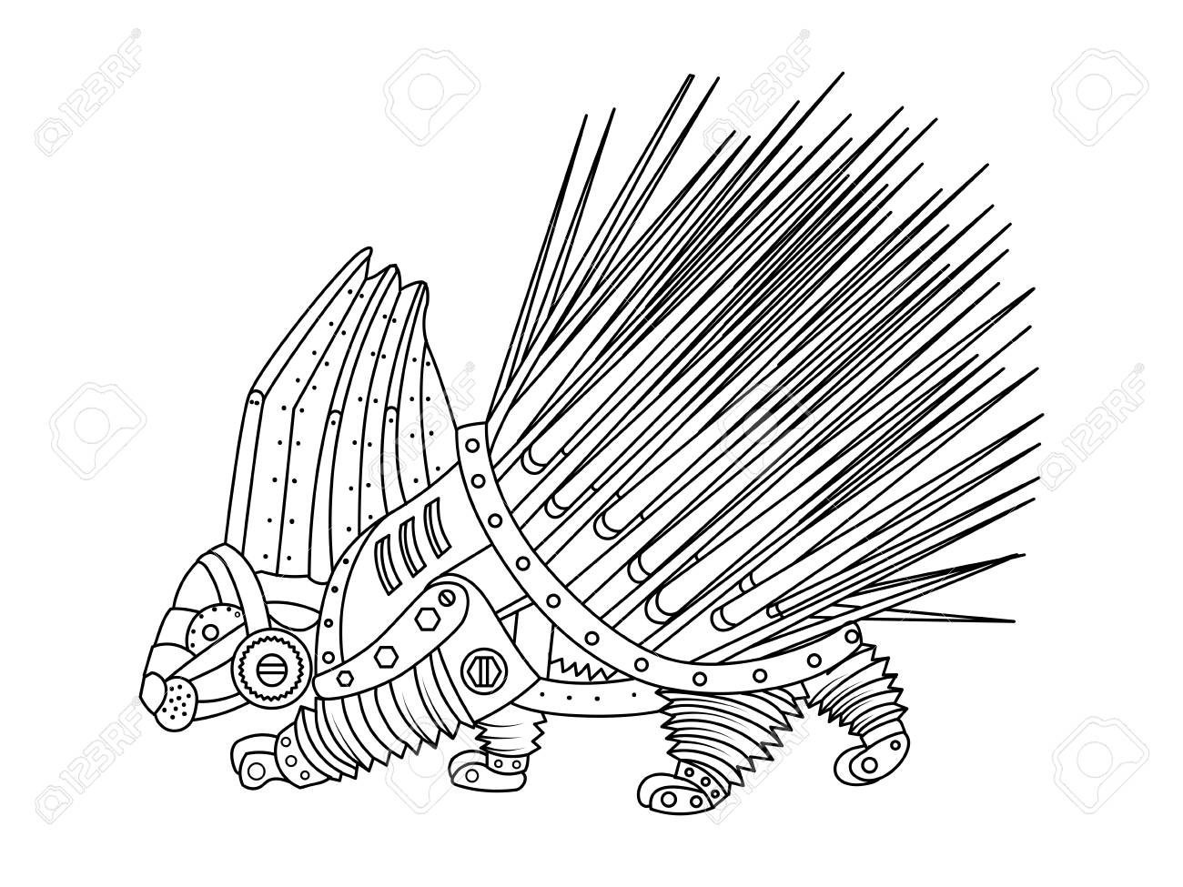1300x975 Steampunk Style Porcupine. Mechanical Animal. Coloring Book