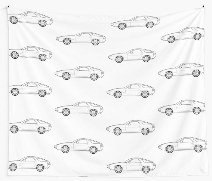 705x602 Porsche 928 Line Drawing Artwork Wall Tapestries By