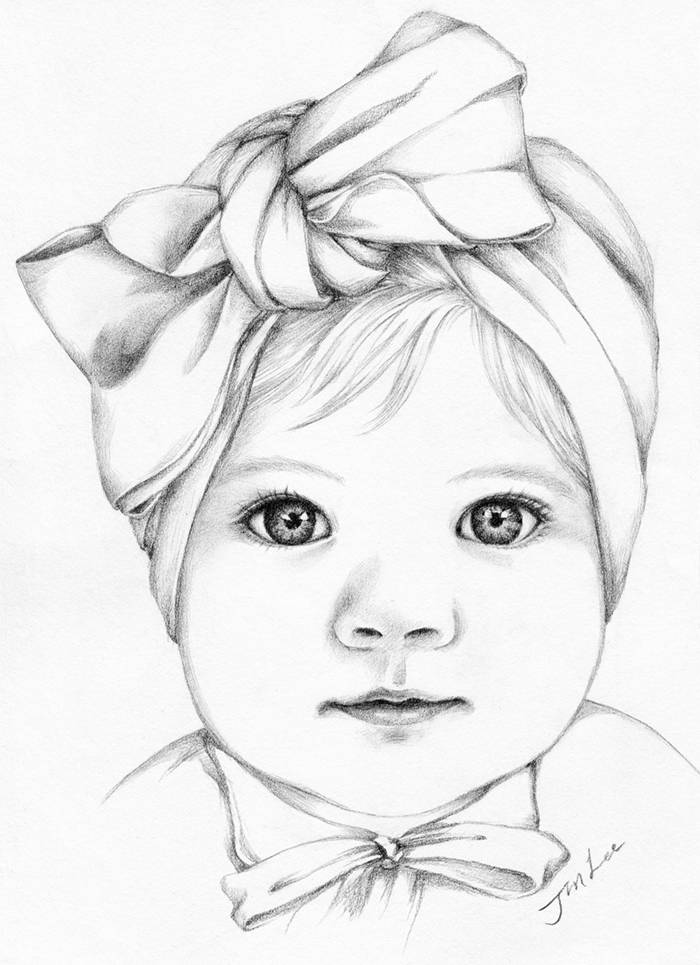 700x965 Custom Pencil Portrait Drawing From Photo. Baby Girl Portrait.