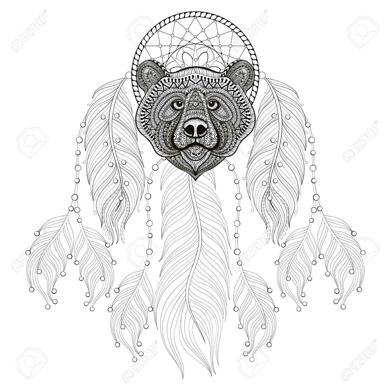 1300x1300 Hand Drawn Dreamcatcher With Bear Head For Adult Coloring Pages