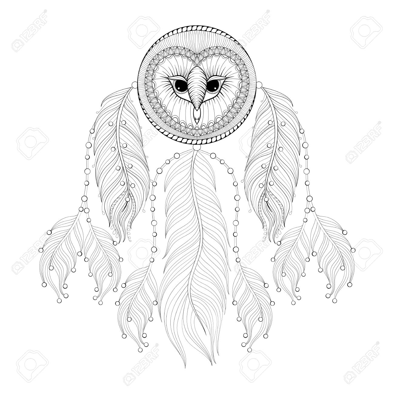 1300x1300 Hand Drawn Dreamcatcher With Tribal Owl Face For Adult Coloring