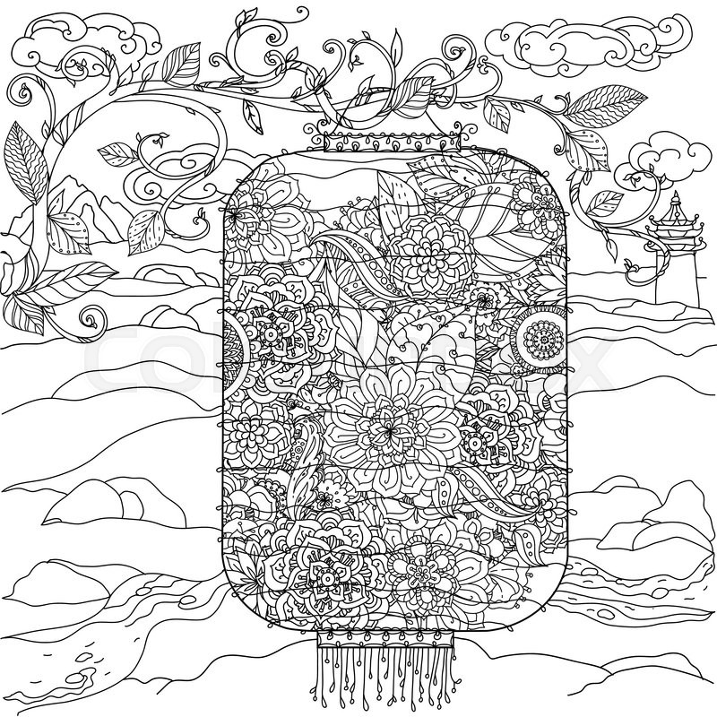 800x800 Chinese Lantern Hand Drawing. Flowers Tree And Birds. Zentangle