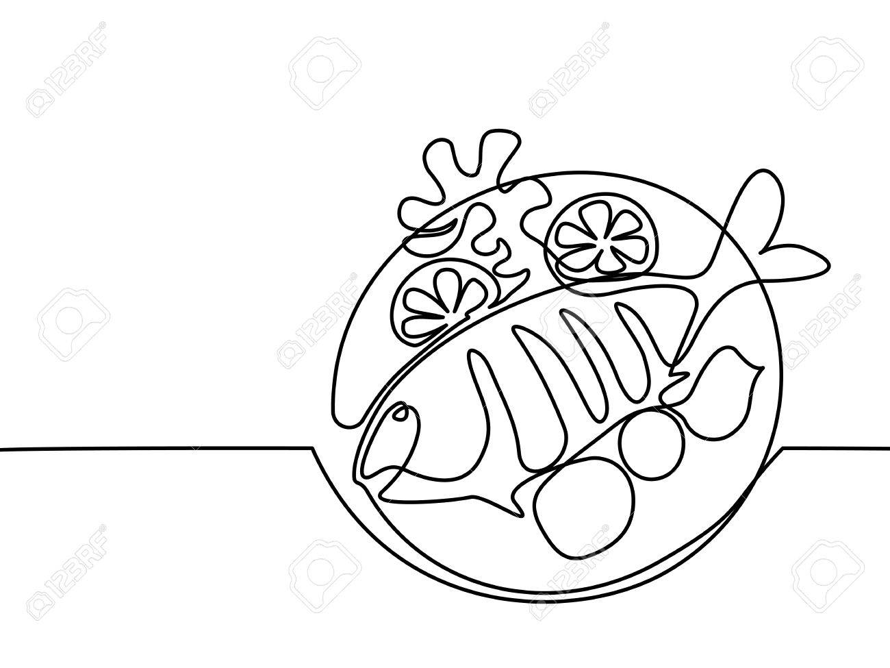 1300x975 Continuous Line Drawing. Grilled Fish On Plate With Lemon