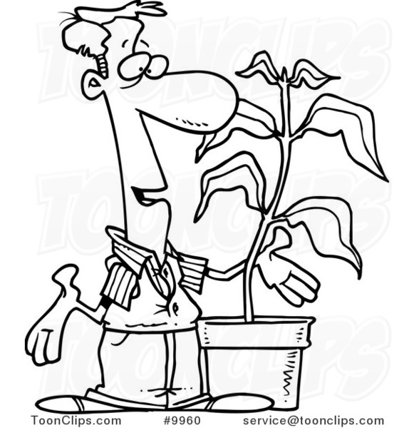 581x600 Cartoon Black And White Line Drawing Of A Guy With A Potted Plant