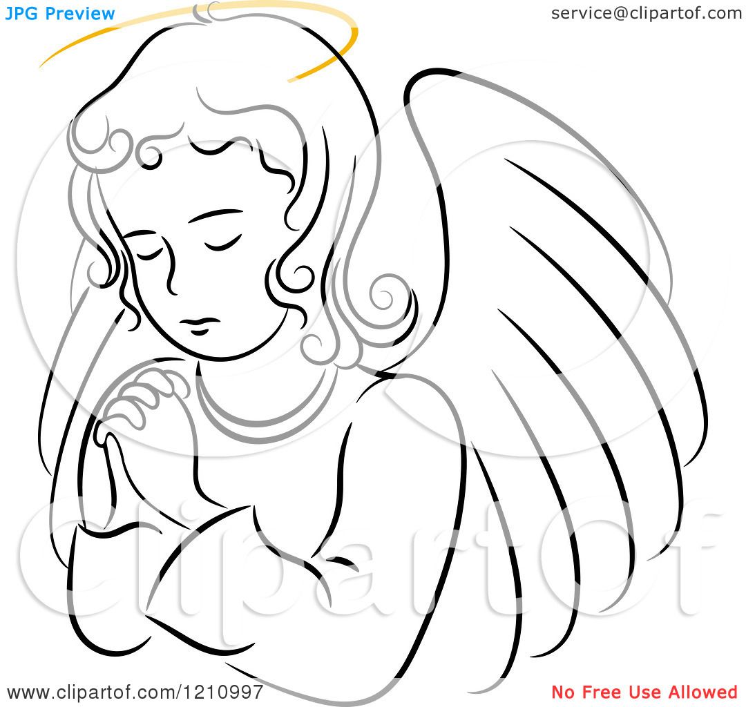 1080x1024 Clipart Of A Black And White Praying Angel Girl With A Golden Halo