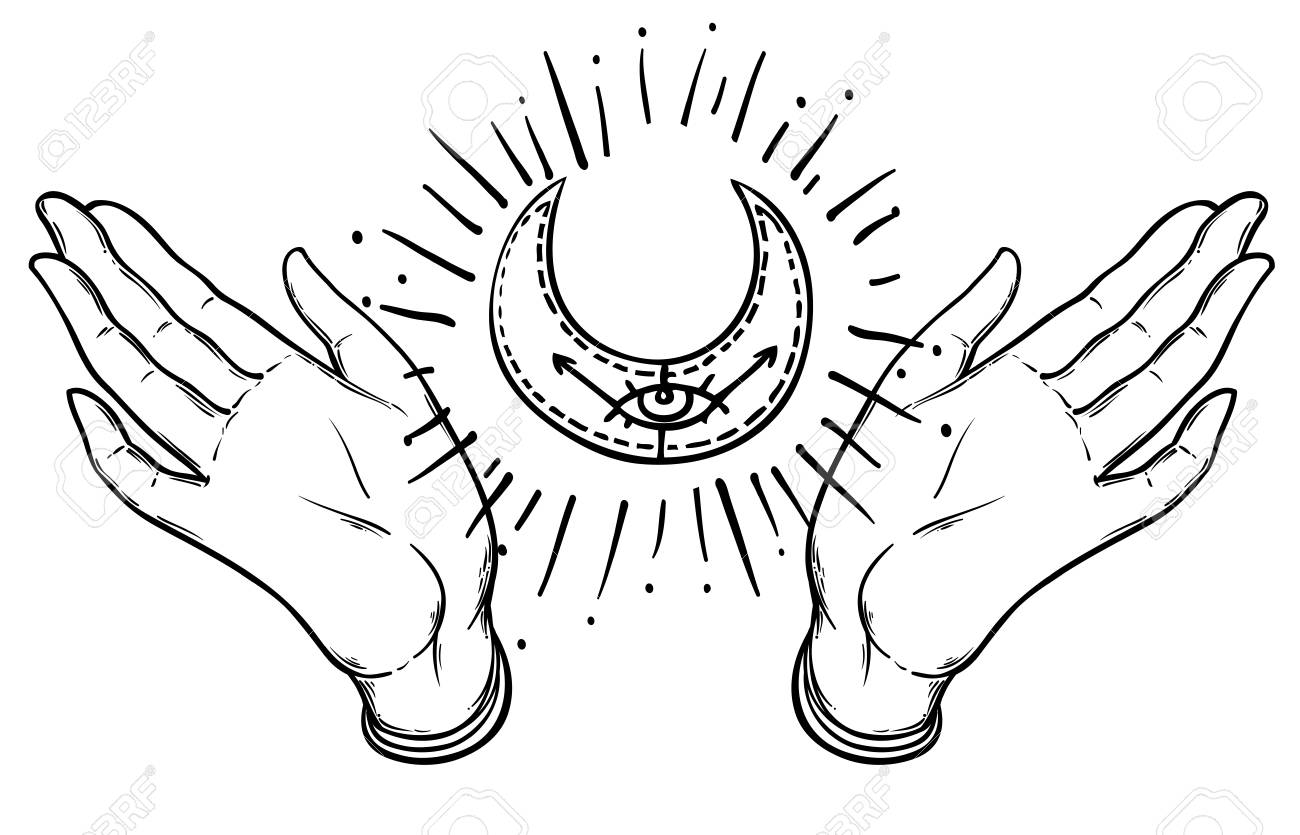 1300x835 Vector Ornamental Praying Hands With Sacred Geometry Sign Moon