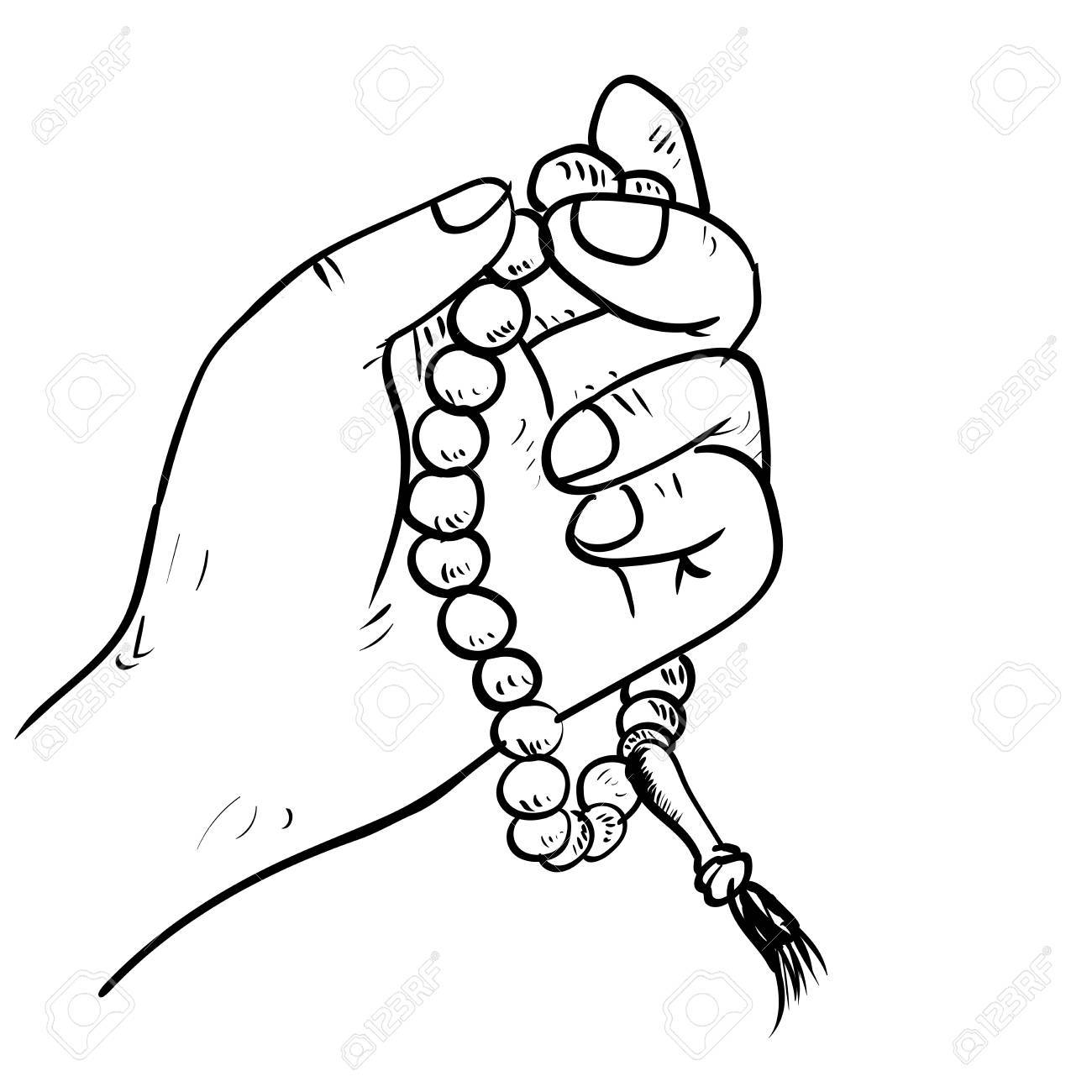 1300x1300 Hand Drawn Hand Holding Islamic Prayer Beads In Cartoon Style