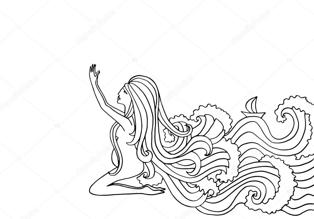 1023x716 Black And White Doodle Illustration. Pregnant Woman Praying. Girl