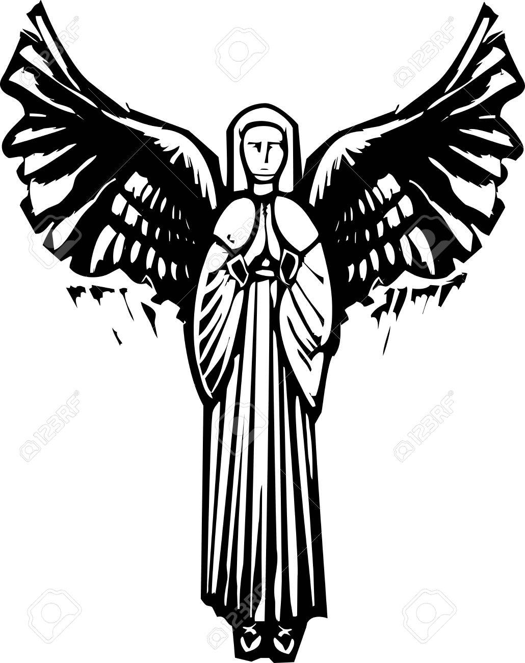 1030x1300 Woman Angel With Wings Praying In A Woodcut Style Image Royalty