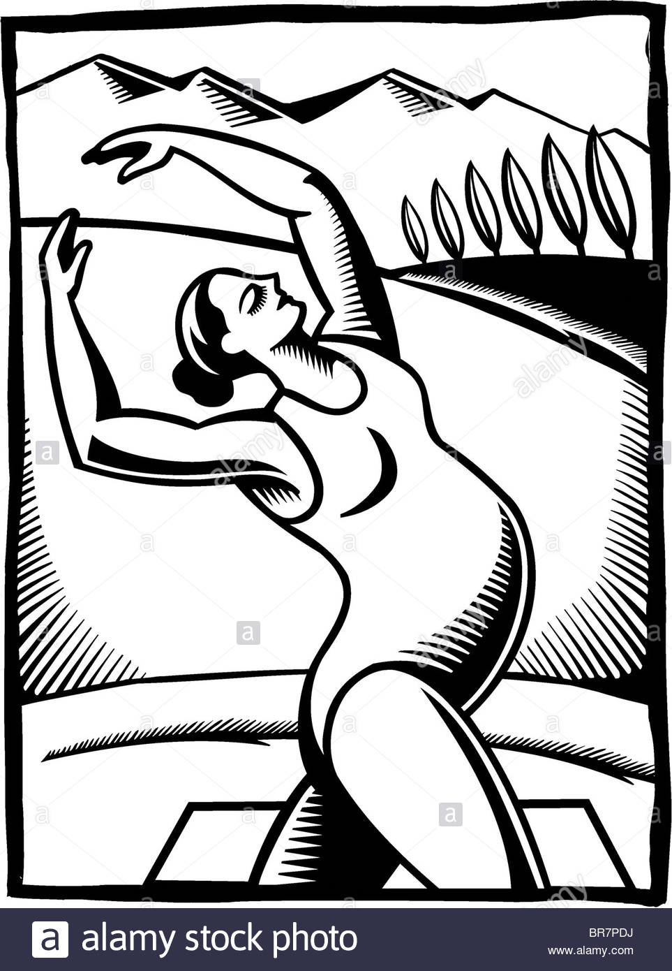 963x1390 A Black And White Drawing Of A Pregnant Woman Doing A Stretching