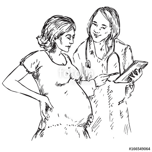 500x500 Doctor Talking With Pregnant Woman, Hand Drawn Doodle, Sketch