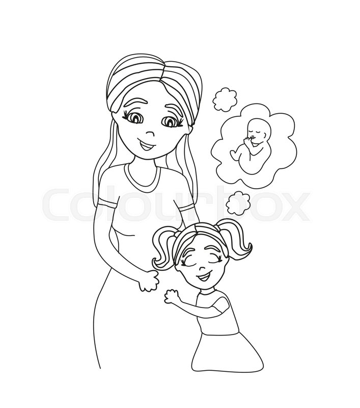 707x800 Happy Kid Girl Hugging Pregnant Mother's Belly Stock Vector