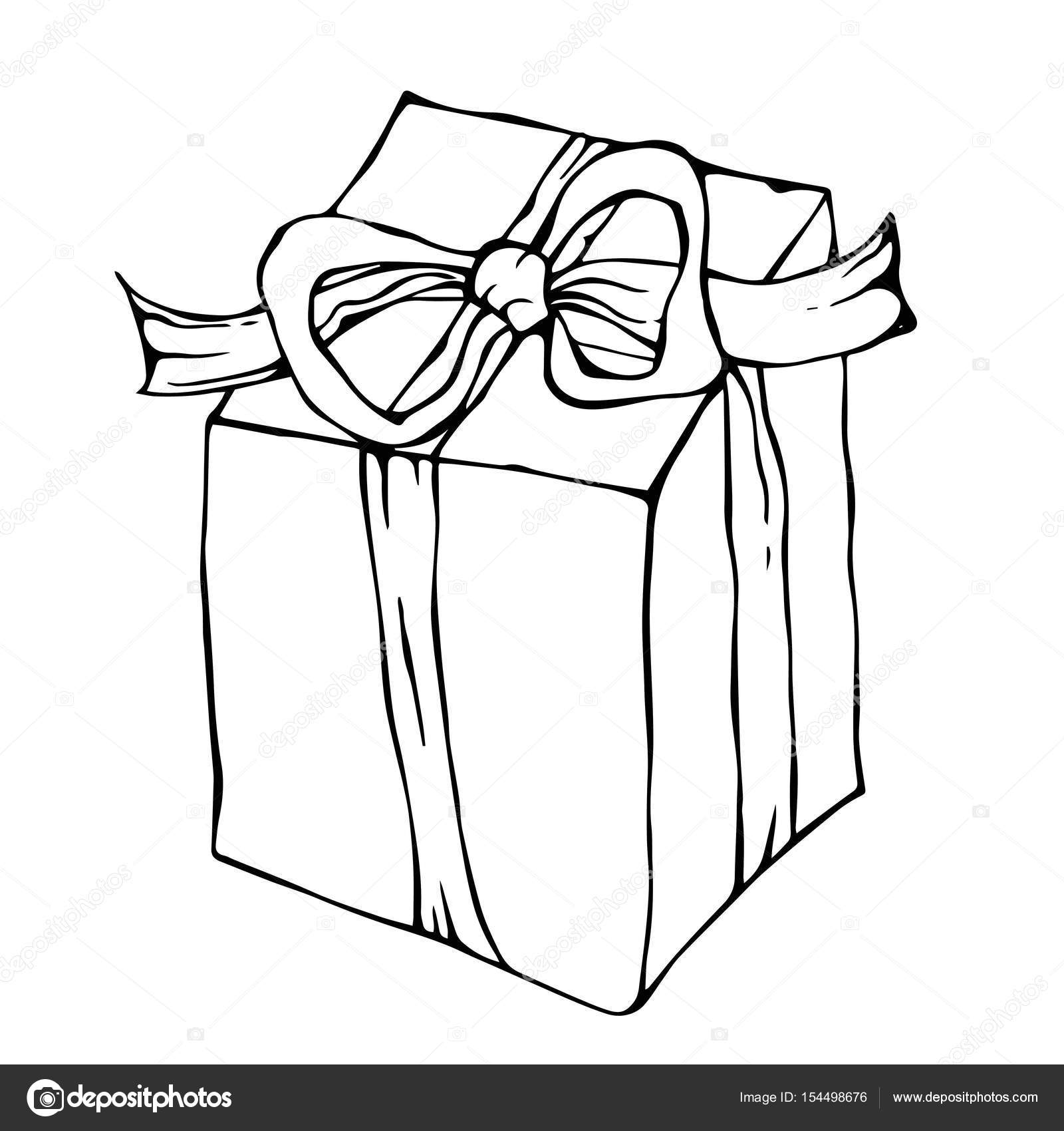 1600x1700 Present Box With Ribbon. Ink Vector Illustration Isolated On