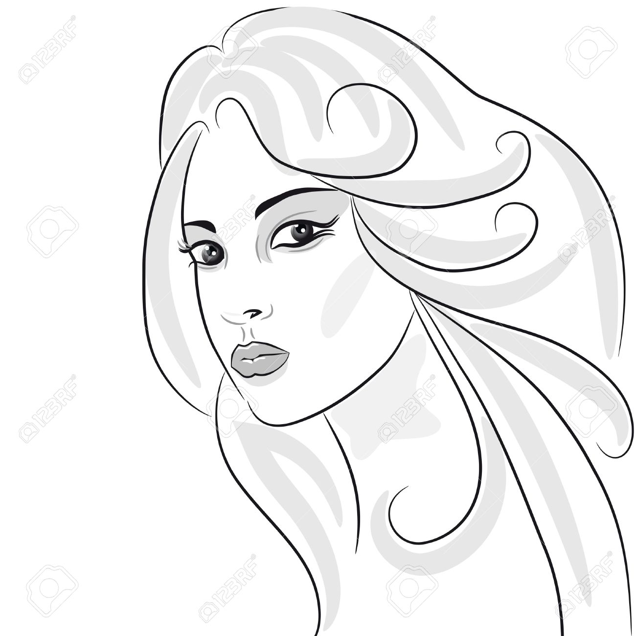 1300x1300 Beauty Girl Face Sketch, Woman Portrait. Hair Wavy. Design Element