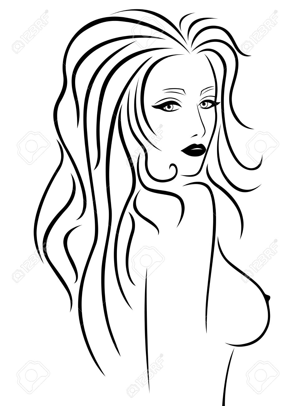 975x1300 Abstract Beautiful Young Woman With A Naked Breast, Hand Drawing