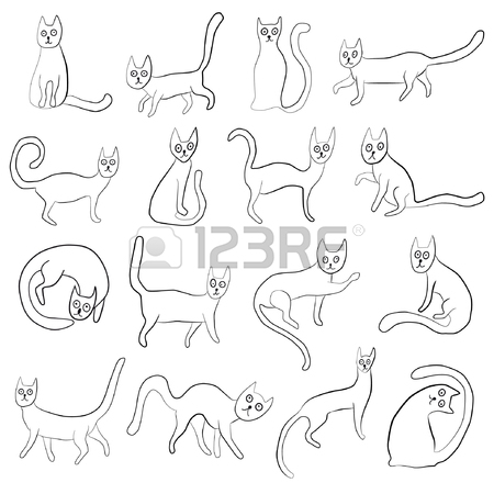 450x450 Set Of Odd Funny Primitive Style Cats. Freehand Drawing, Line