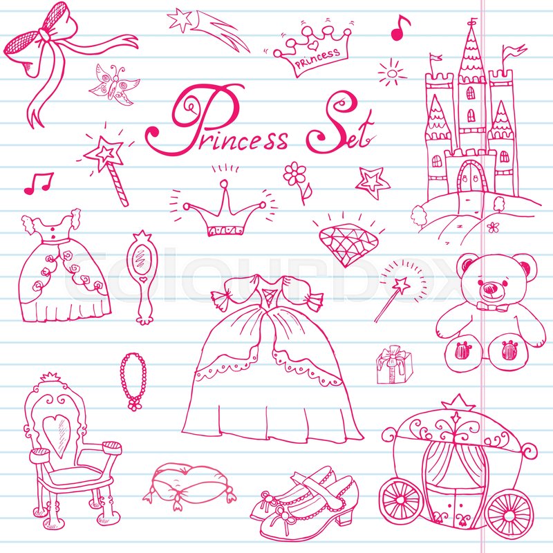 800x800 Hand Drawn Vector Illustration Set Of Princess Sign, Castle