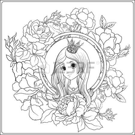 450x450 Young Nice Girl In Princess Crown In The Garden Of Roses. Outline