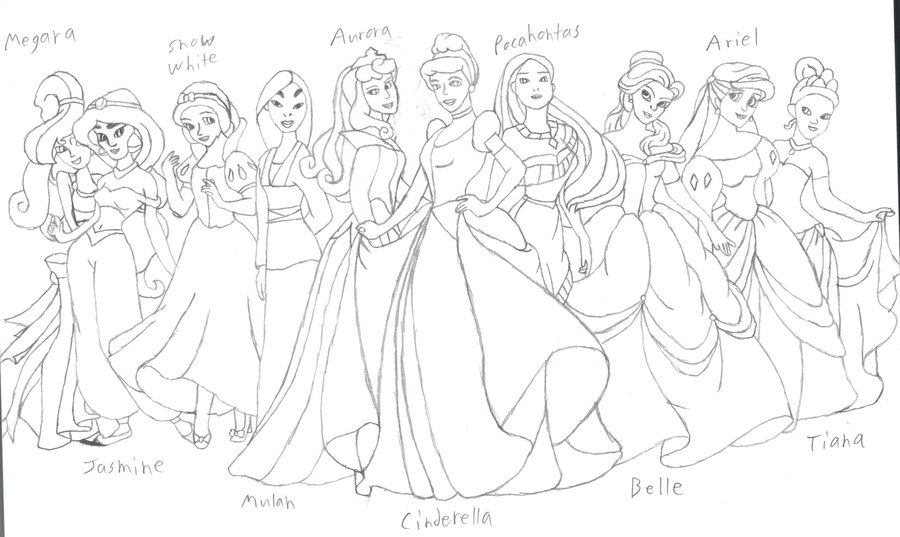900x537 Disney Princesses Group Sketch By Djfirehawk