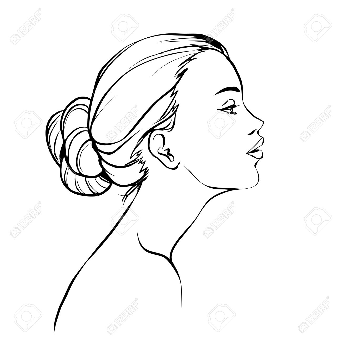 1300x1300 Profile Of Young Beautiful Woman With Hair Bun. Black And White