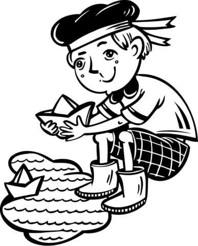 387x480 Boy Playing With Boats In A Puddle Coloring Page Free Printable