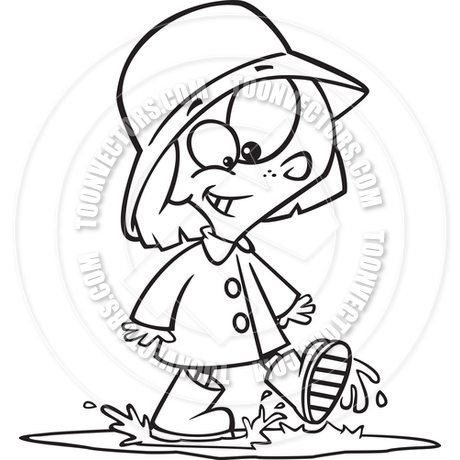 460x460 Cartoon Girl Walking In A Rain Puddle (Black Amp White Line Art) By