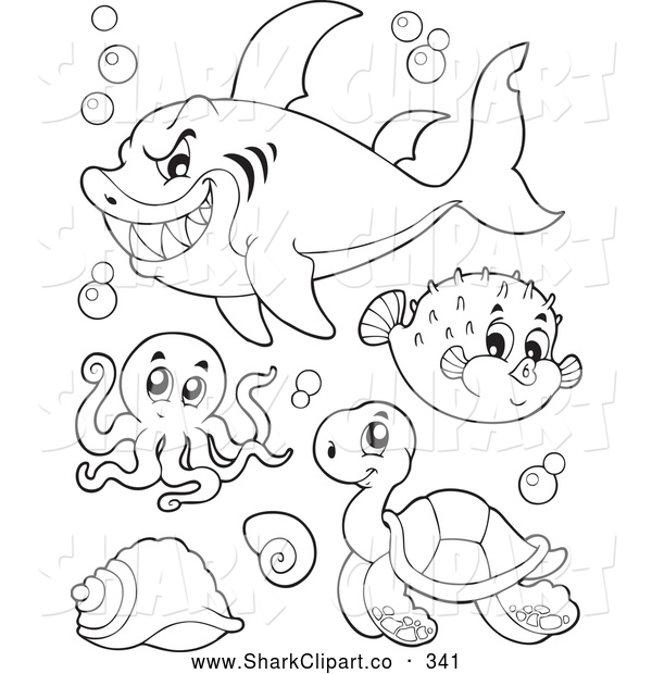 600x620 Clip Art Of A Coloring Page Of Outlined Mean Shark Octopus Puffer