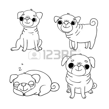 450x450 Cute Pugs. Dogs. Hand Drawing Isolated Objects On White Background