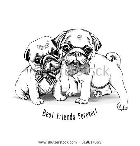 450x470 Puppies Pugs In A Striped Tie. Vector Black And White Illustration