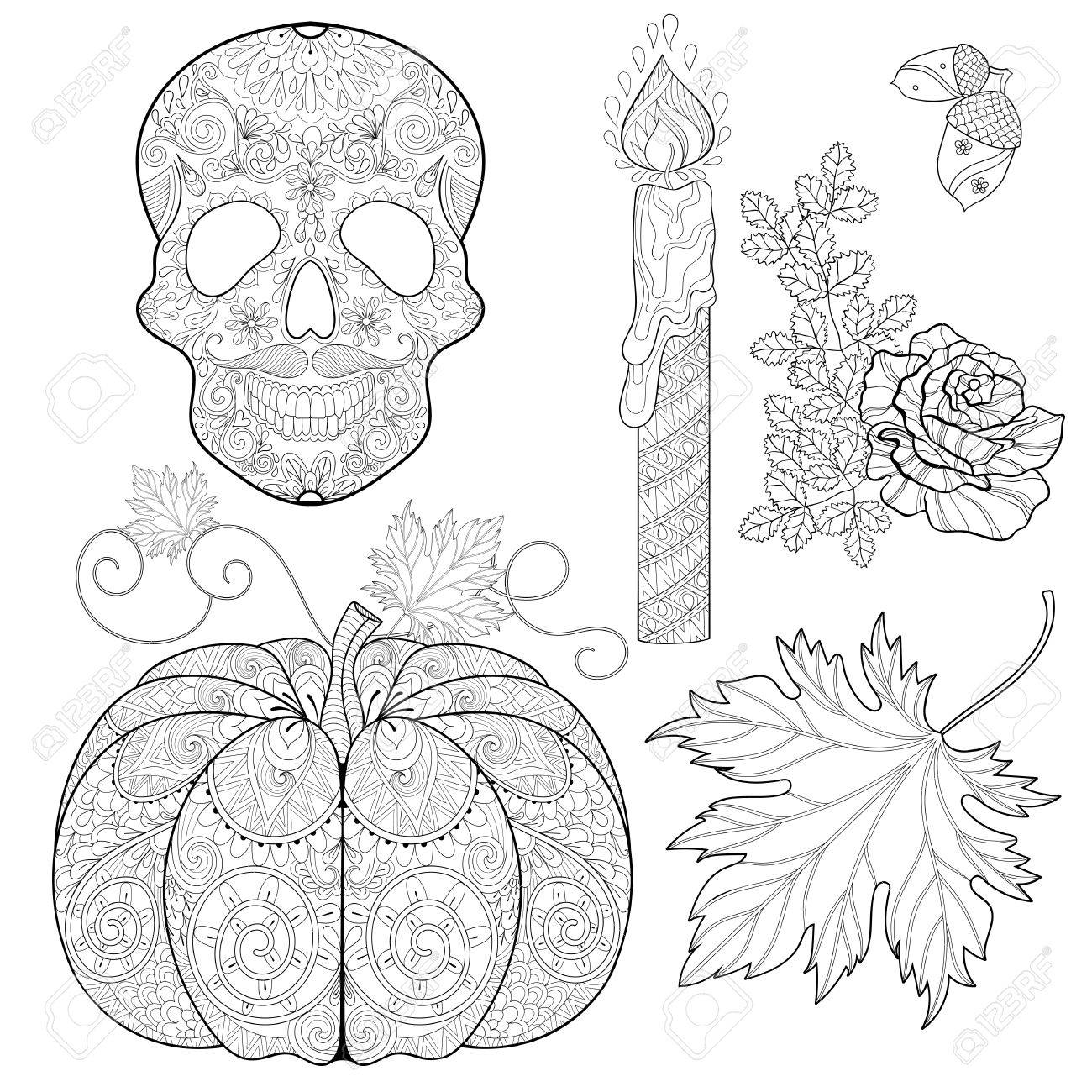 1300x1300 Stylized Skull, Candle, Rose, Oak Acorn, Pumpkin, Autumn Leaves