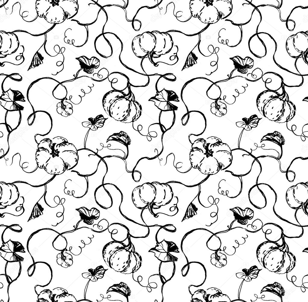 1023x1002 Doodle Pumpkins, Leaves And Vines On White Background. Hand
