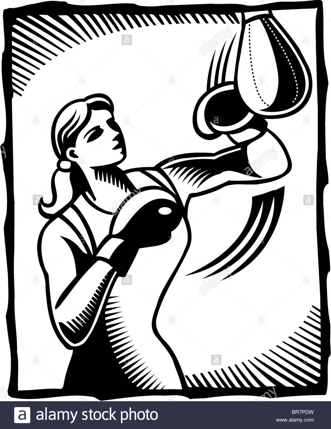 1073x1390 A Black And White Drawing Of A Woman Boxing A Punch Bag Stock