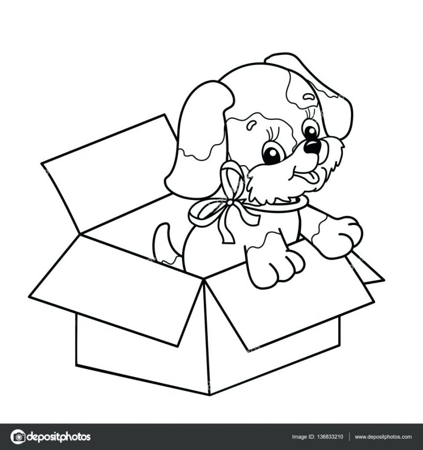 863x918 Coloring Page Outline Of Cute Puppy In Box Cartoon Dog With Bow
