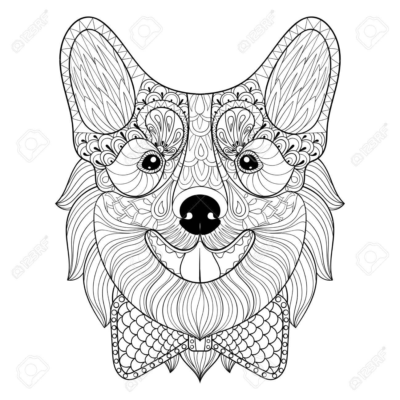 1299x1300 Welsh Corgi With Bow Tie In Monochrome Doodle Style. Puppy