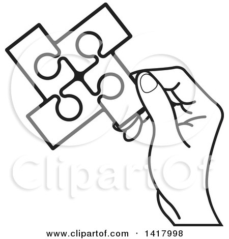 450x470 Clipart Of A Lineart Hand Holding A Section Of Connected Jigsaw