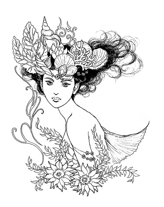 570x717 Nereid Mermaid Queen Portrait Ink Drawing Coloring Page