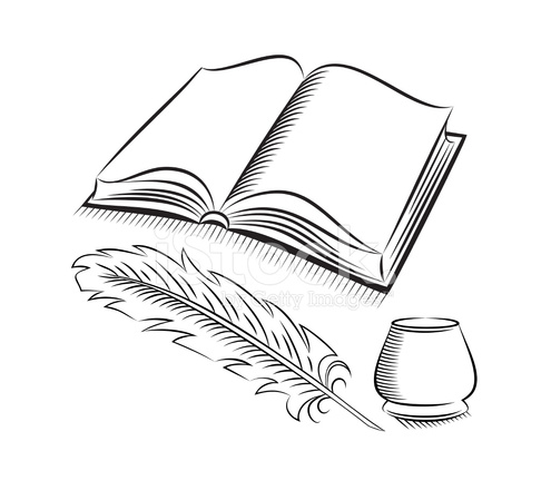 495x440 Sketch Style Quill And Inkwell With Book Stock Vector