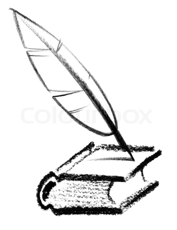 614x800 Crayon Sketched Illustration Of A Book And Quill Stock Photo
