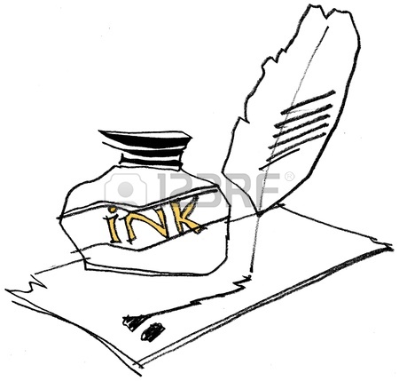 450x429 Feather Quill Pen With Inkwell Isolated On White Background Drawn