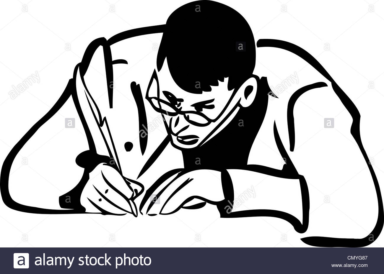1300x929 A Sketch Of A Man With Glasses Writing Quill Pen Stock Photo