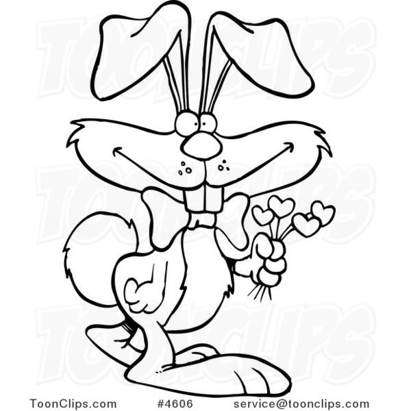 581x600 Cartoon Black And White Line Drawing Of A Romantic Rabbit Holding