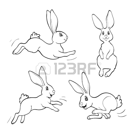 450x450 Set Of Cute Cartoon Rabbits. Line Art Vector Drawing Royalty Free